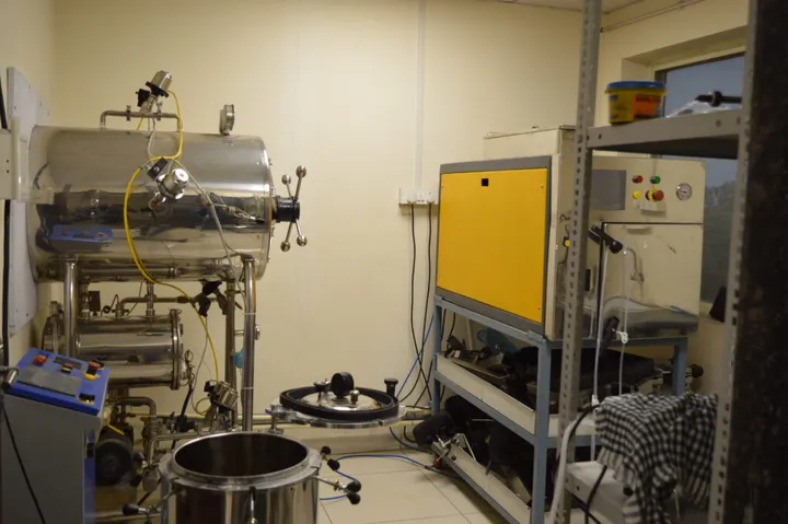 The CSSD sterilisation unit, with the steam autoclave and instrument drums used to process theatre sets